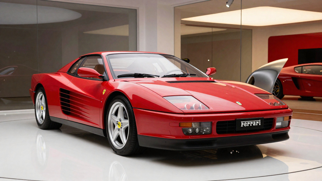 Carro esportivo Ferrari vermelho clássico exibido em ambiente interno moderno com piso branco brilhante.
