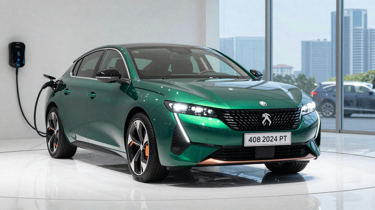 Carro elétrico verde Peugeot 408 2024 estacionado em ambiente interno, conectado a ponto de carregamento.