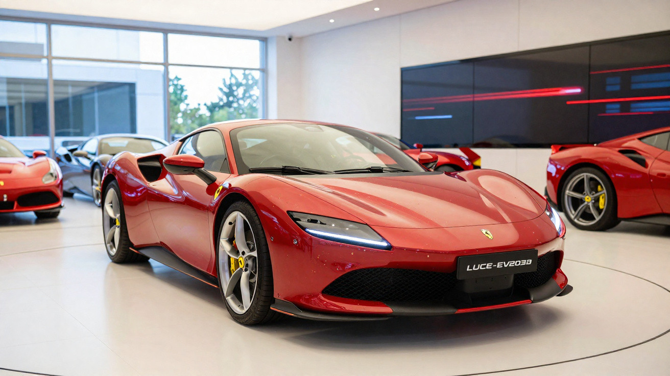 Carro esportivo Ferrari vermelho brilhante em exposição interna com luz natural entrando pela janela.