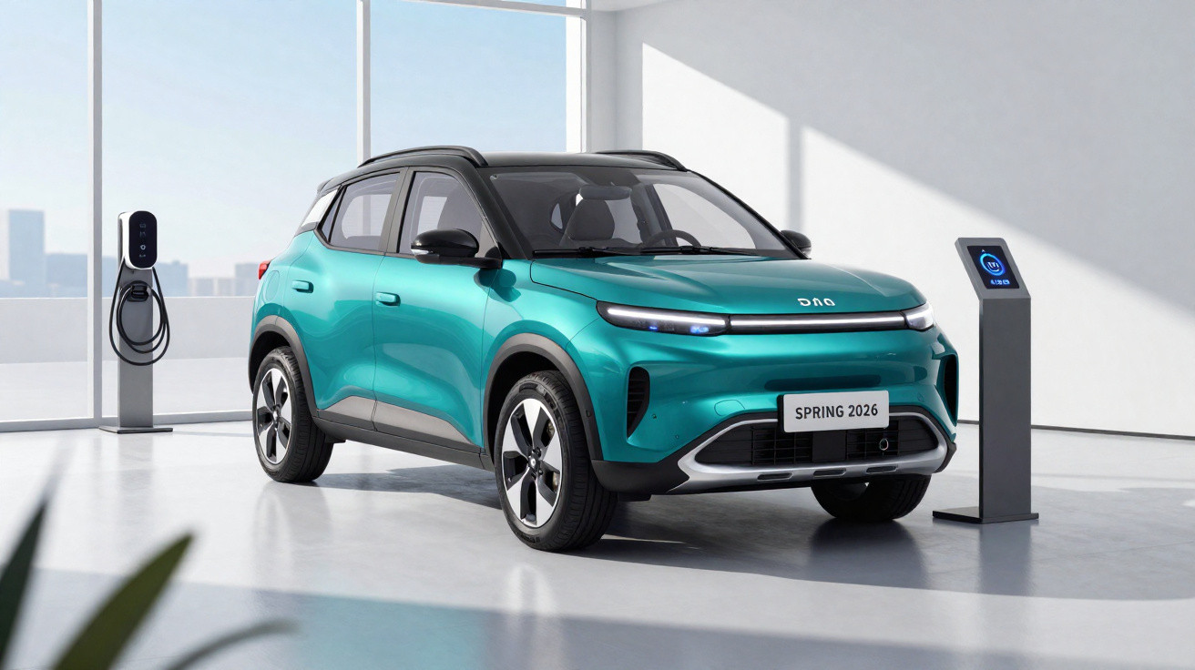 Carro elétrico SUV verde água modelo Spring 2026 em ambiente interno moderno com estação de carregamento.