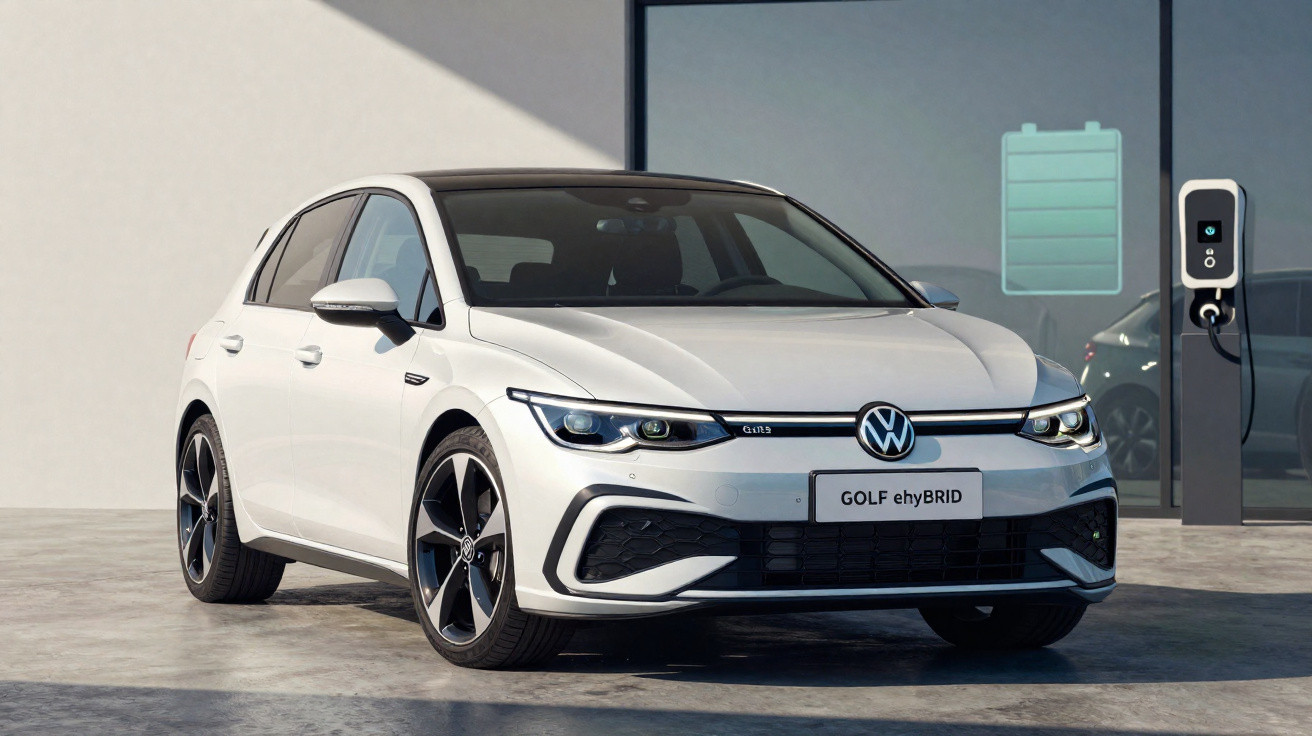 Carro branco Volkswagen Golf ehyBRID estacionado próximo a carregador de veículo elétrico.