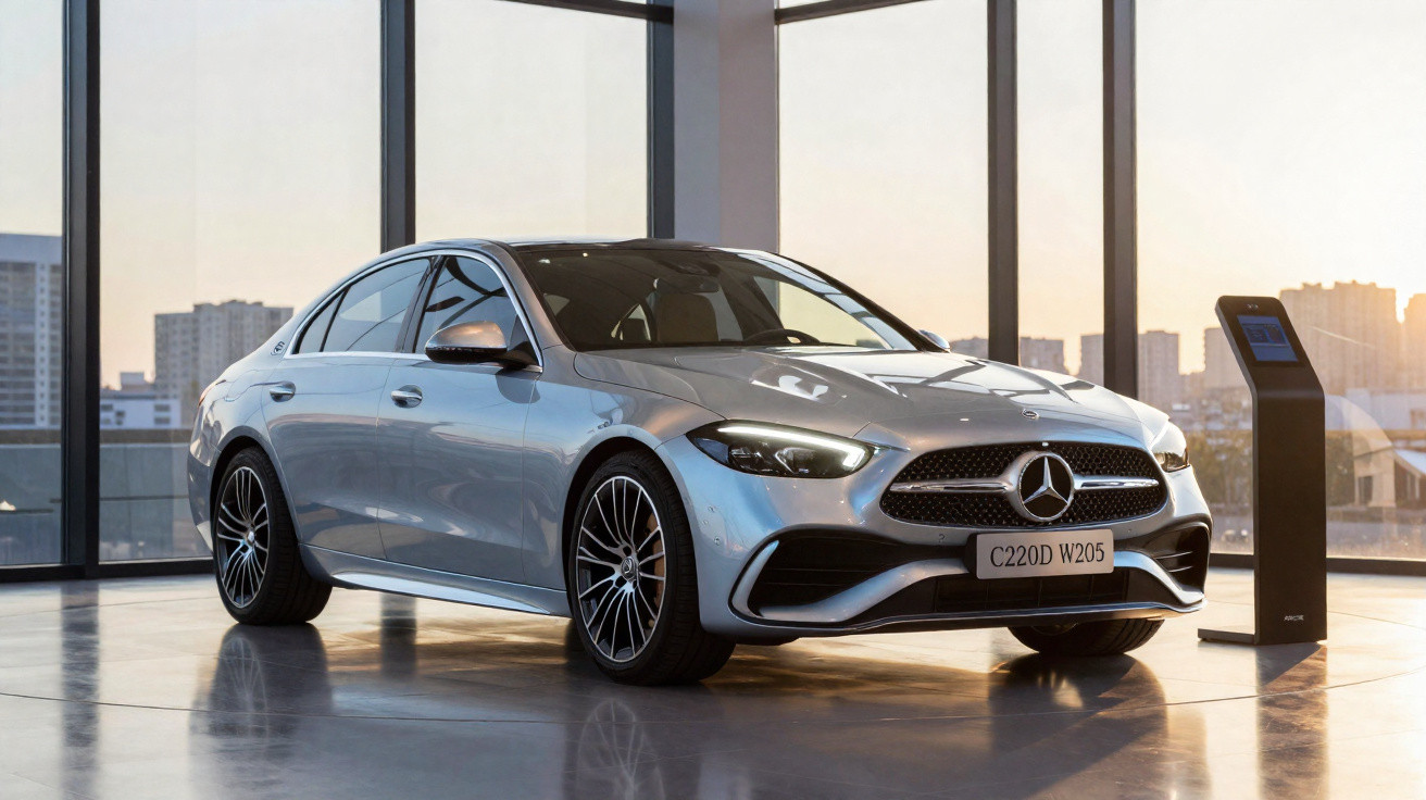 Mercedes-Benz prata modelo C220D W205 estacionado em showroom com grandes janelas e cidade ao fundo.