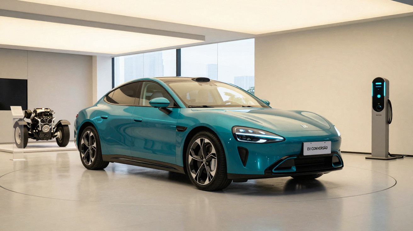 Carro elétrico azul em exposição interna próximo a estação de recarga e motor exposto.