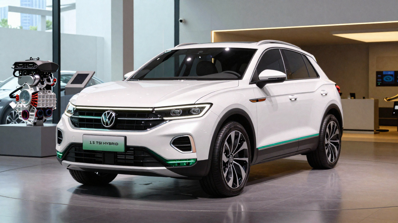 Carro SUV Volkswagen branco 1.5 TSI Hybrid exposto em showroom moderno.