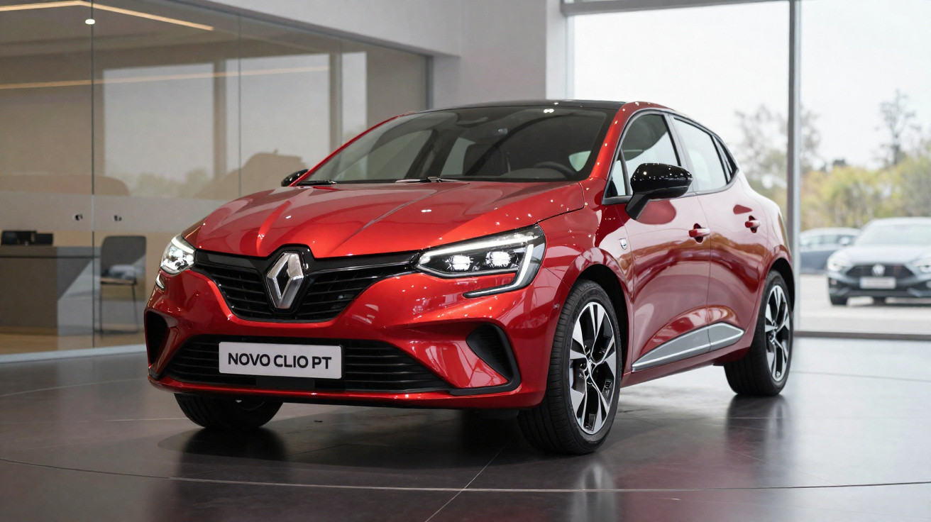Carro compacto vermelho Renault Novo Clio PT exposto em showroom moderno com portas de vidro.