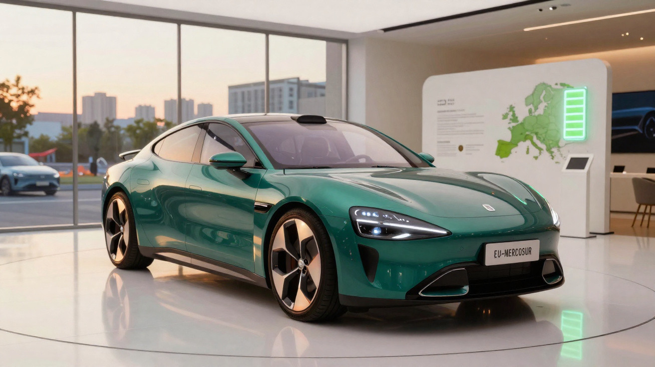 Carro elétrico verde em exposição, com rodas grandes, refletindo luz em ambiente moderno com vista urbana ao fundo.