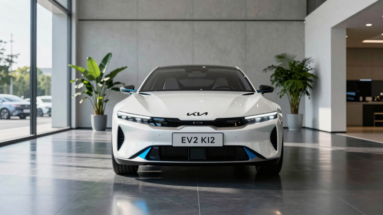 Carro elétrico Kia EV2 branco em salão moderno com plantas ao fundo e piso refletivo.