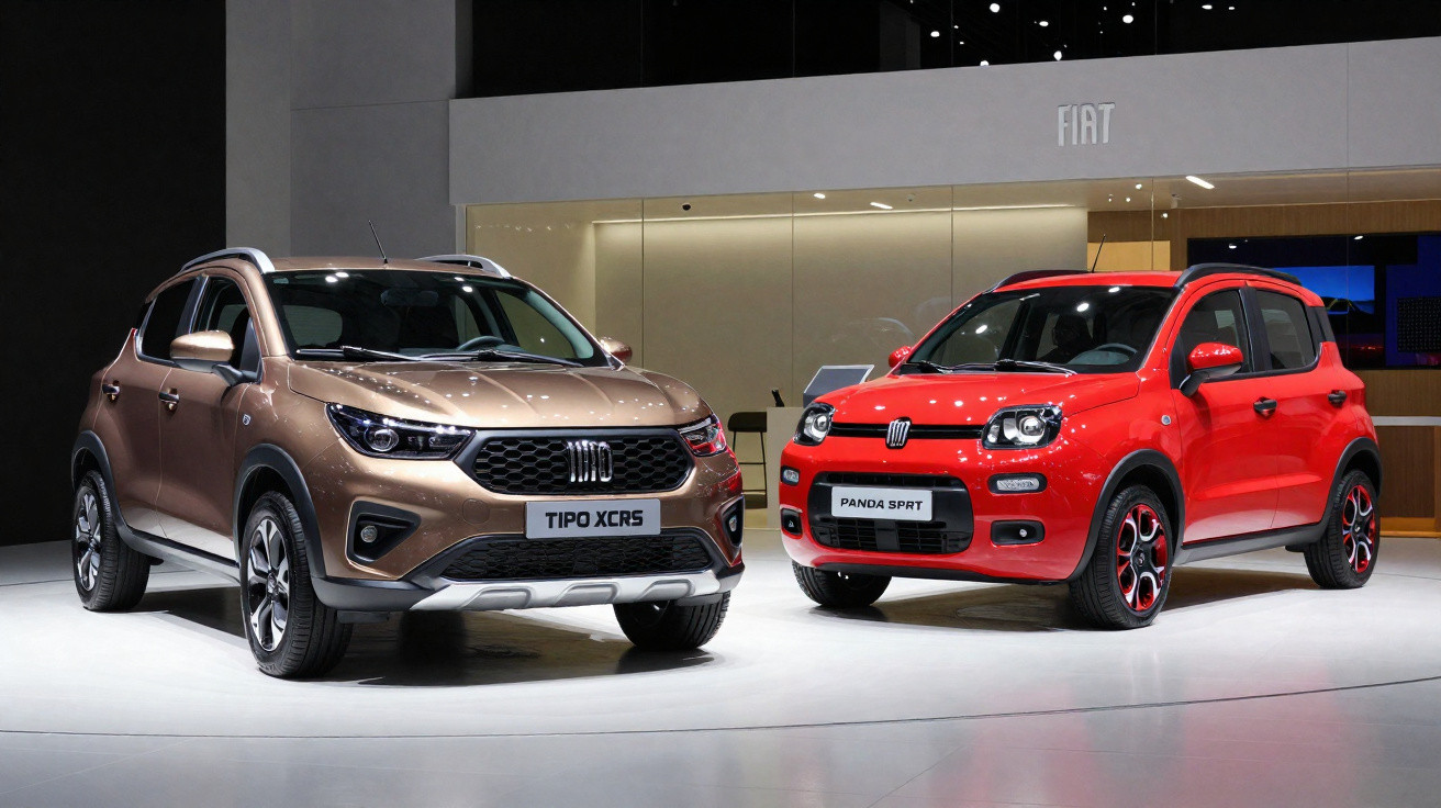 Dois carros Fiat exibidos em estande: Tipo XCRS bronze e Panda SRPT vermelho, sob luzes brilhantes.