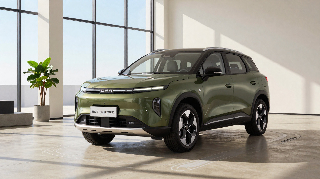 SUV verde Bigster Hybrid estacionado em ambiente interno com janelas grandes e planta ao lado.