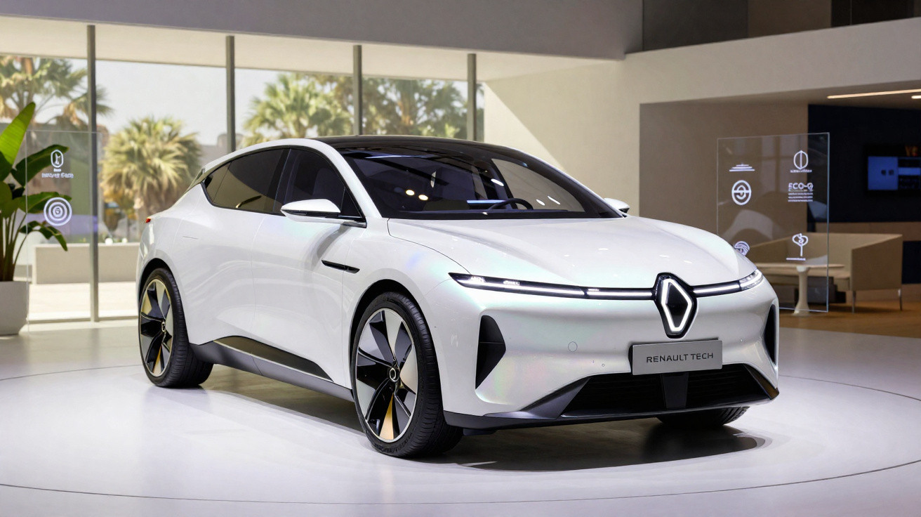 Carro elétrico branco Renault Tech exposto em showroom com design moderno e linhas aerodinâmicas.