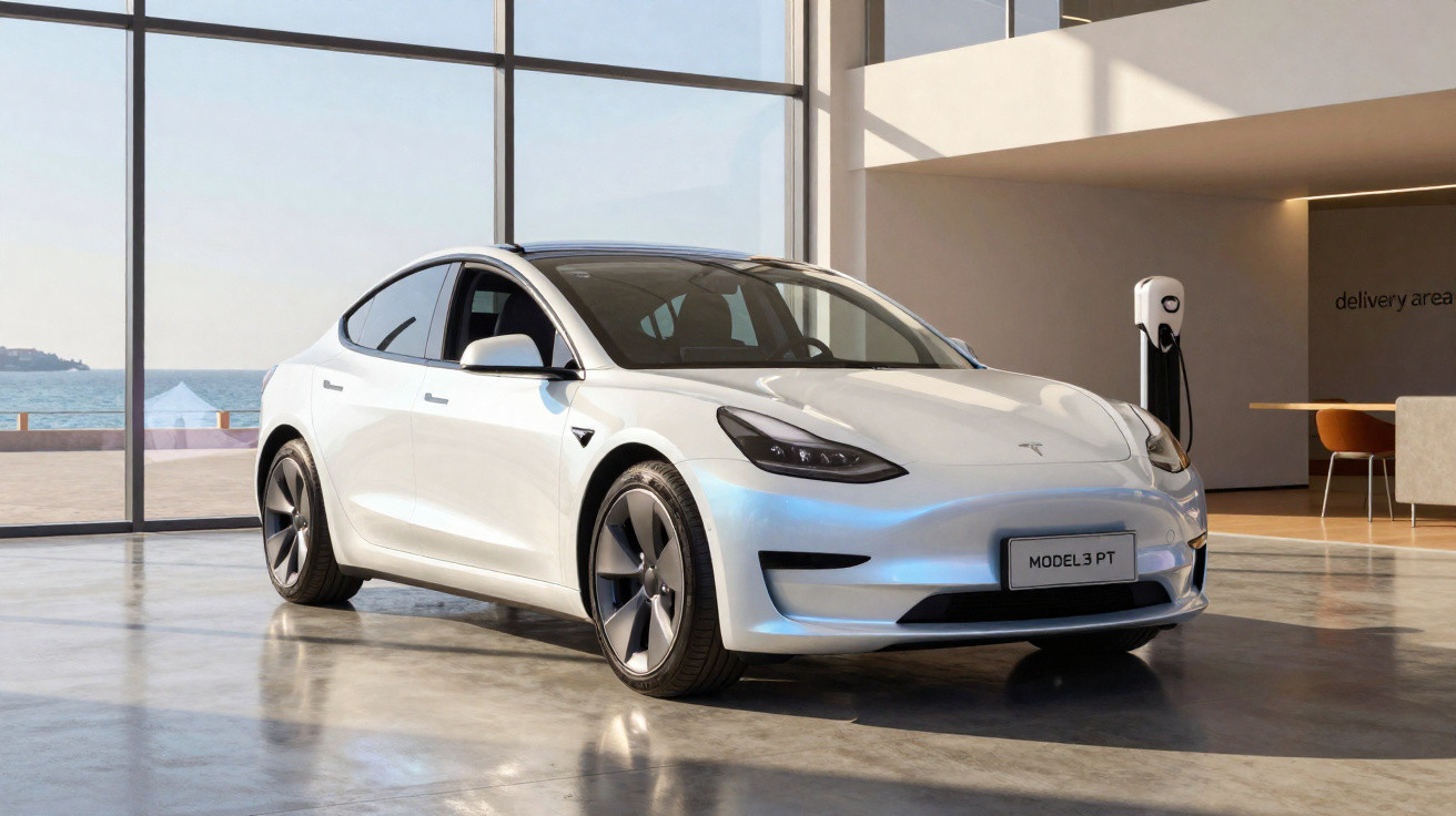 Carro elétrico branco Tesla Model 3 em piso de loja com parede de vidro e vista para o mar.