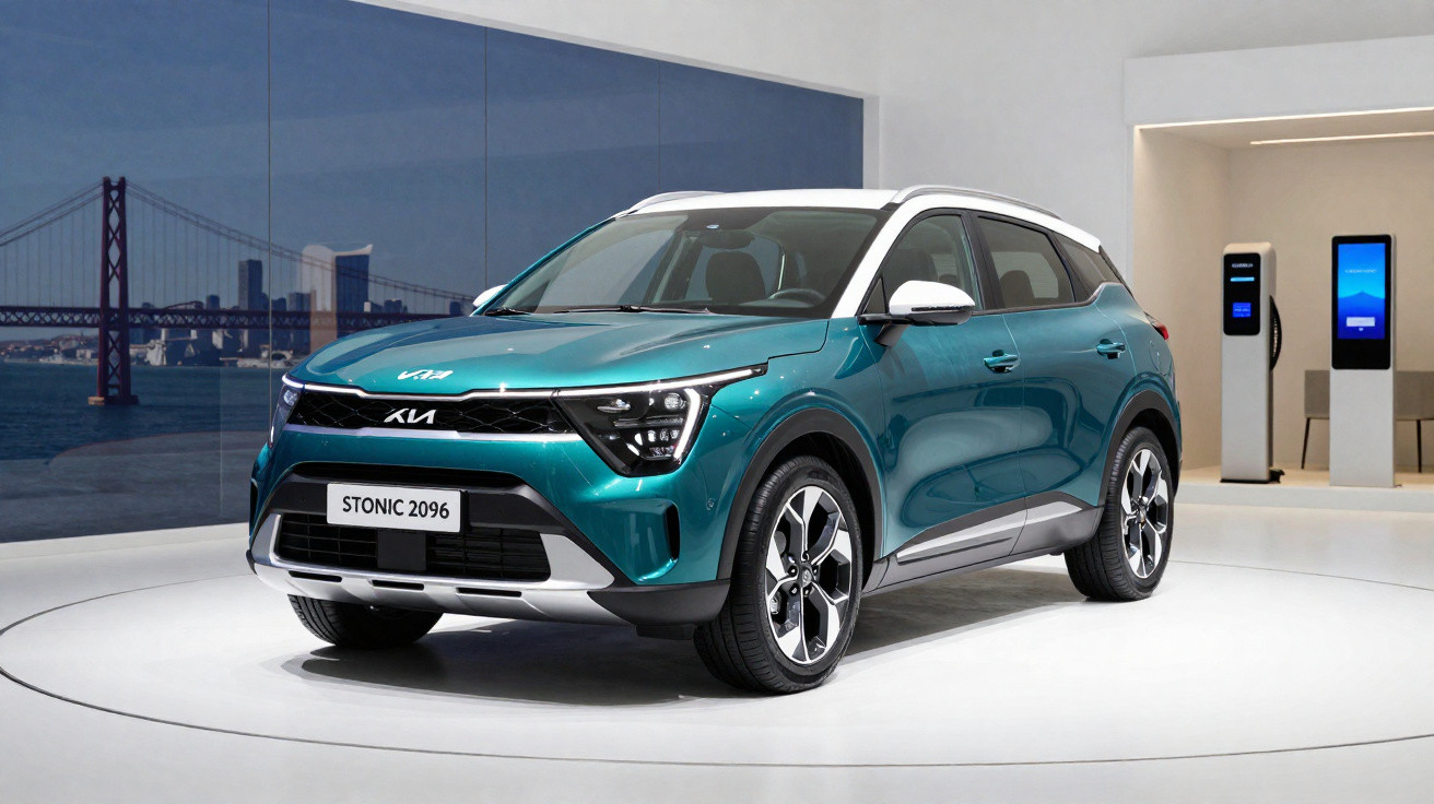 Carro SUV Kia Stonic 2096 azul em exposição, com estação de carregamento elétrico ao fundo.
