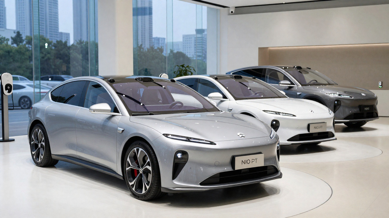 Três carros elétricos NIO PT em diferentes cores expostos em showroom moderno com janelas panorâmicas.