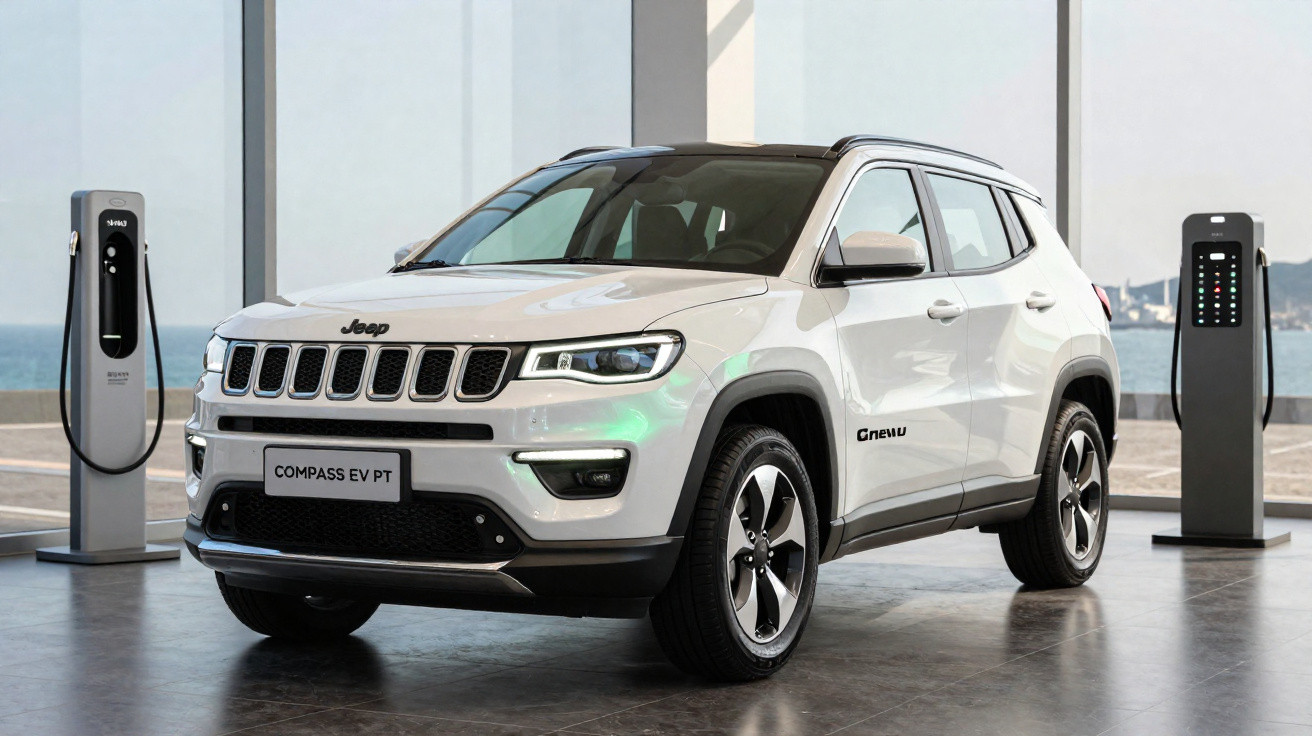 Carro elétrico Jeep Compass EV PT branco estacionado entre duas estações de recarga em ambiente interno.