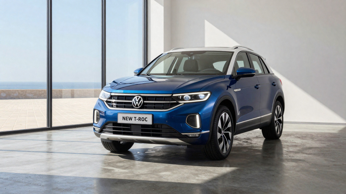 SUV Volkswagen New T-Roc azul estacionado em ambiente interno com janelas grandes e piso de concreto.