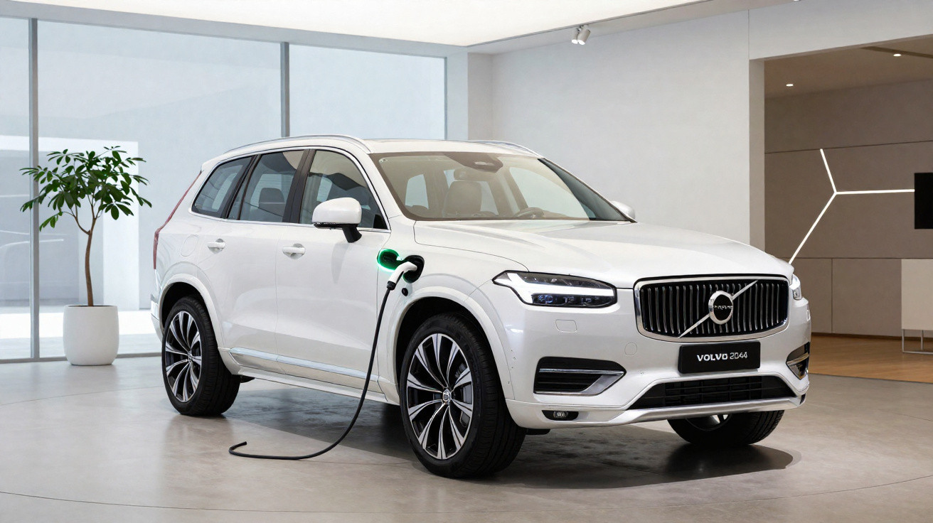 Carro SUV elétrico branco da Volvo modelo 2044 sendo carregado em ambiente interno moderno.