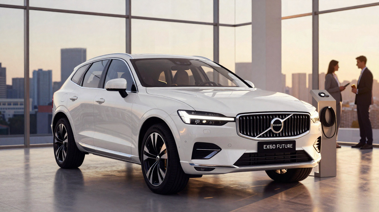 Carro elétrico branco Volvo EX60 Future em showroom moderno com duas pessoas ao fundo conversando.