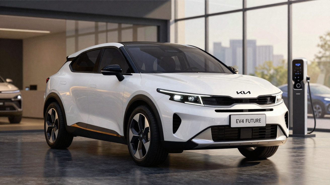 Carro elétrico branco Kia EV4 Future estacionado próximo a posto de recarga em ambiente interno.