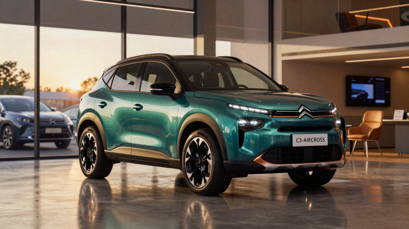 SUV Citroën C3 Aircross verde exposto em showroom moderno com piso refletivo.