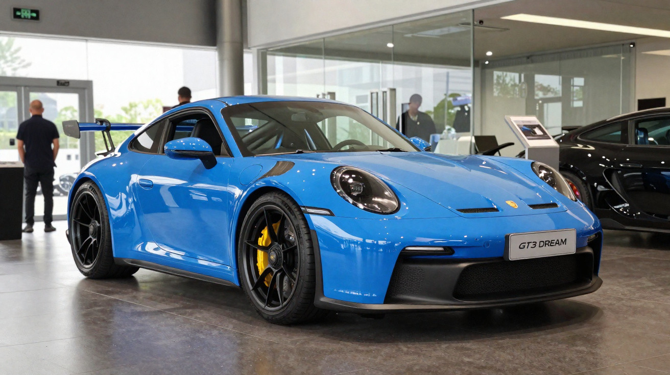 Carro esportivo azul Porsche GT3 Dream estacionado em showroom com acabamento preto e freios amarelos.