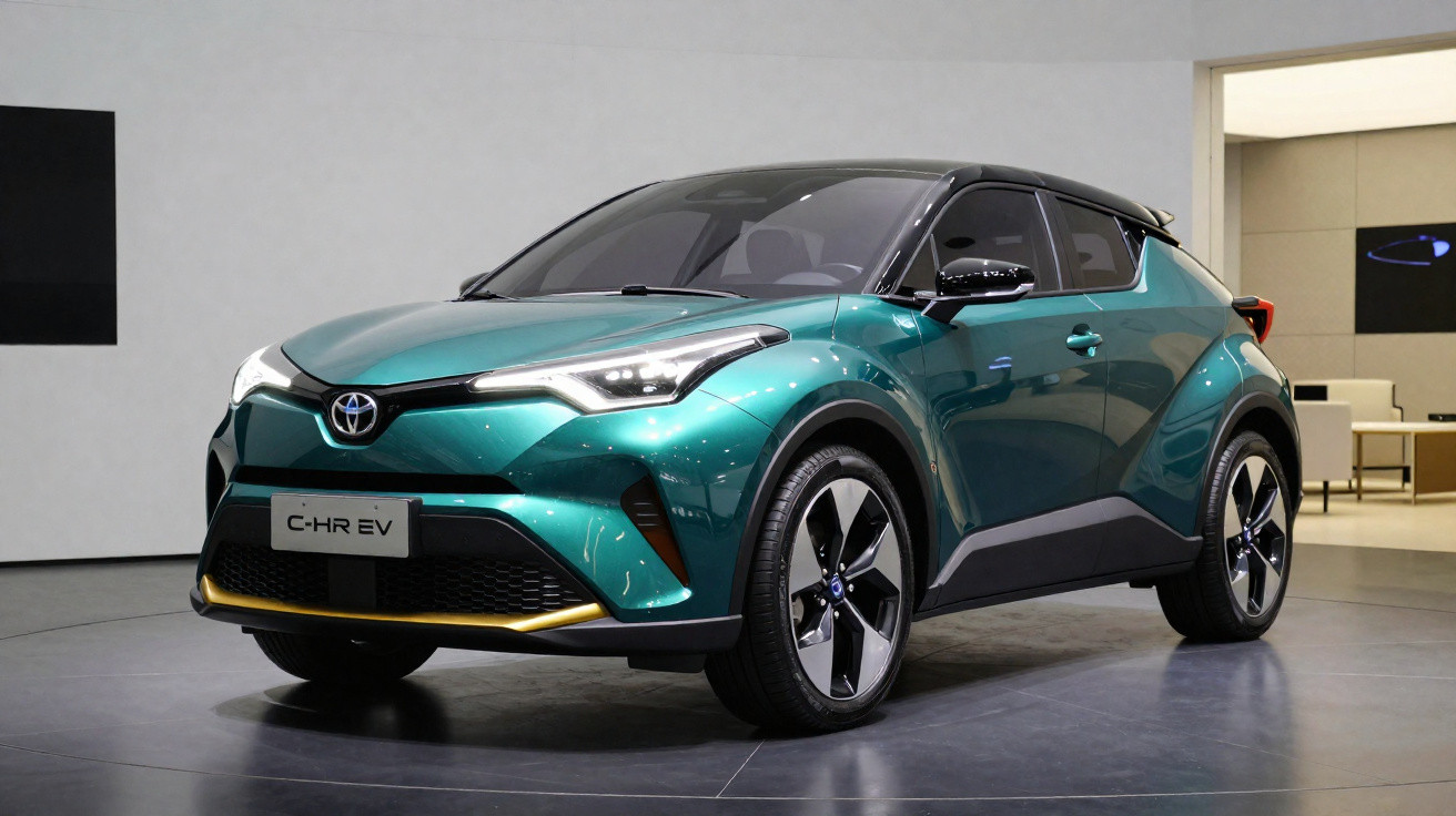 Carro Toyota C-HR EV verde metálico exibido em showroom com iluminação moderna e fundo neutro.