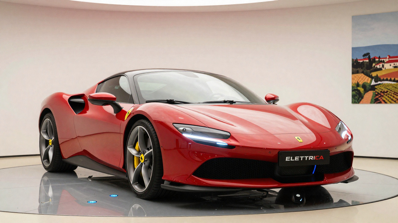 Carro esportivo Ferrari vermelho modelo Elettrica em exposição interna sobre plataforma giratória.