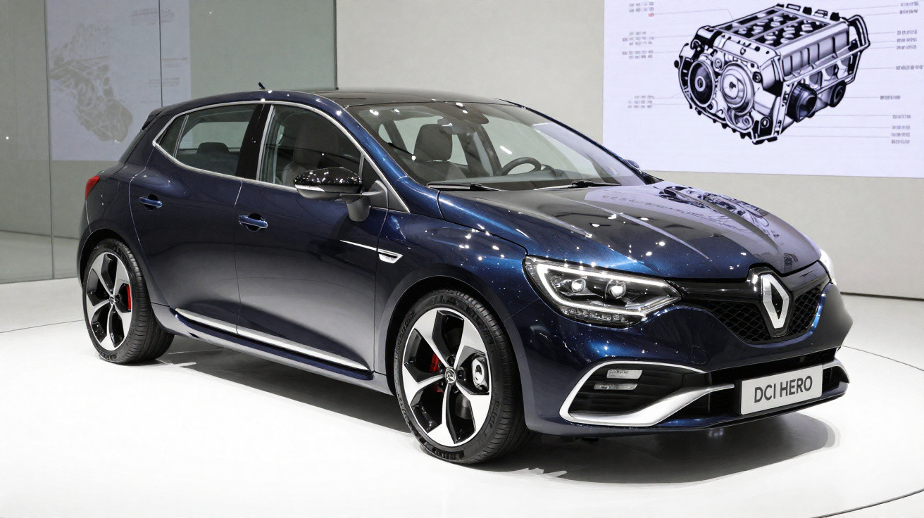 Carro Renault DCI Hero azul escuro em exposição, vista frontal lateral direita, com rodas esportivas.