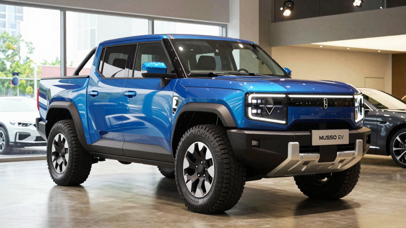 Picape elétrica azul Musso EV exibida em showroom moderno com design robusto e rodas grandes.