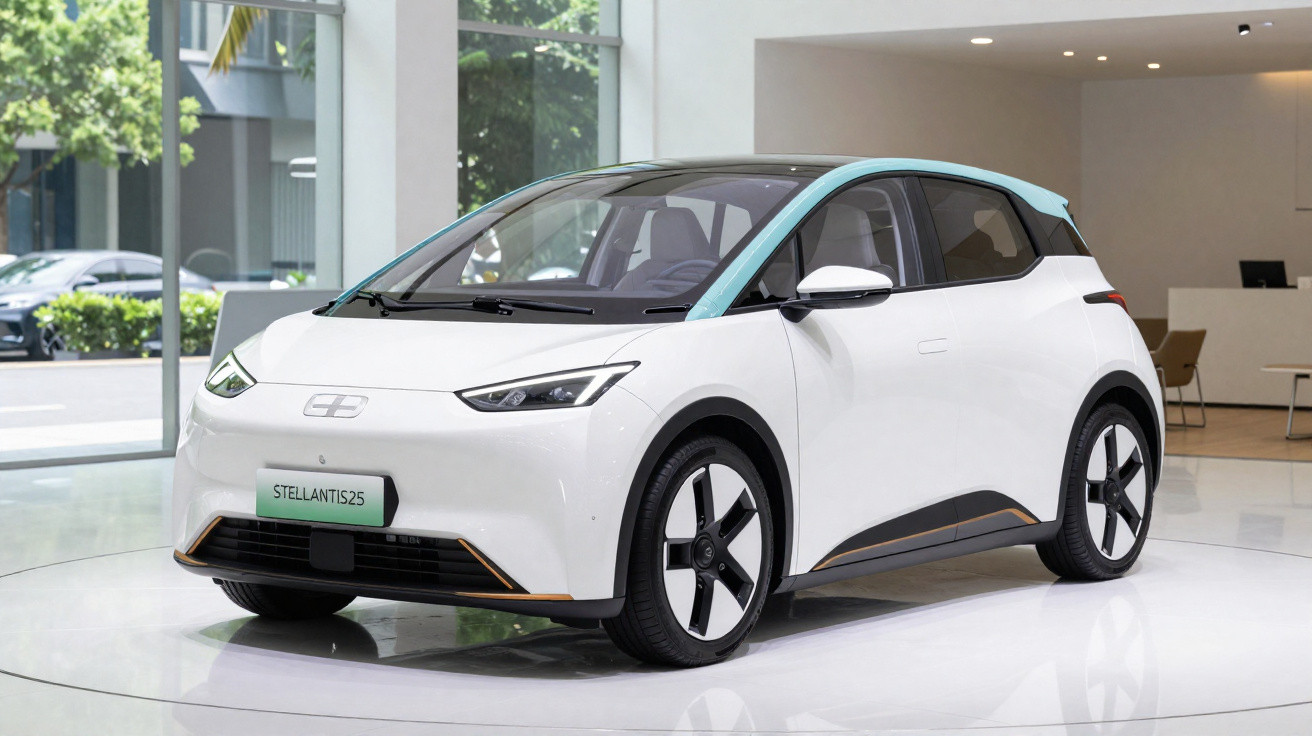 Carro elétrico compacto branco com teto azul claro exposto em showroom moderno.