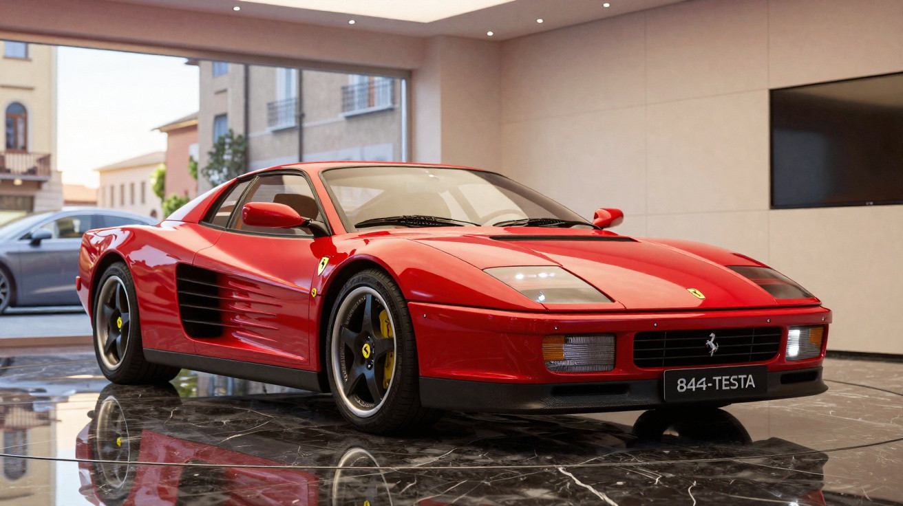 Carro esportivo Ferrari vermelho modelo clássico exposto em ambiente interno moderno com piso espelhado.