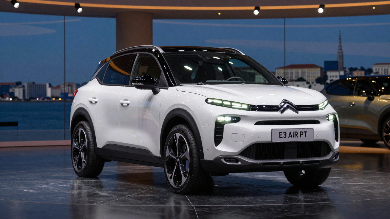 Carro SUV Citroën branco exposto em salão automotivo com vista para cidade ao fundo.