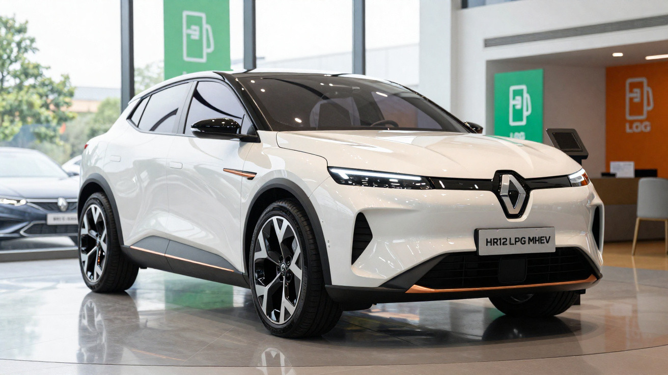 Carro elétrico branco Renault modelo HR12 LPG MHEV exposto em showroom moderno e iluminado.