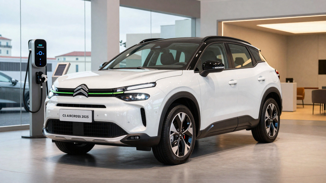 Carro elétrico Citroën C5 Aircross 2025 branco em showroom moderno com estação de recarga.