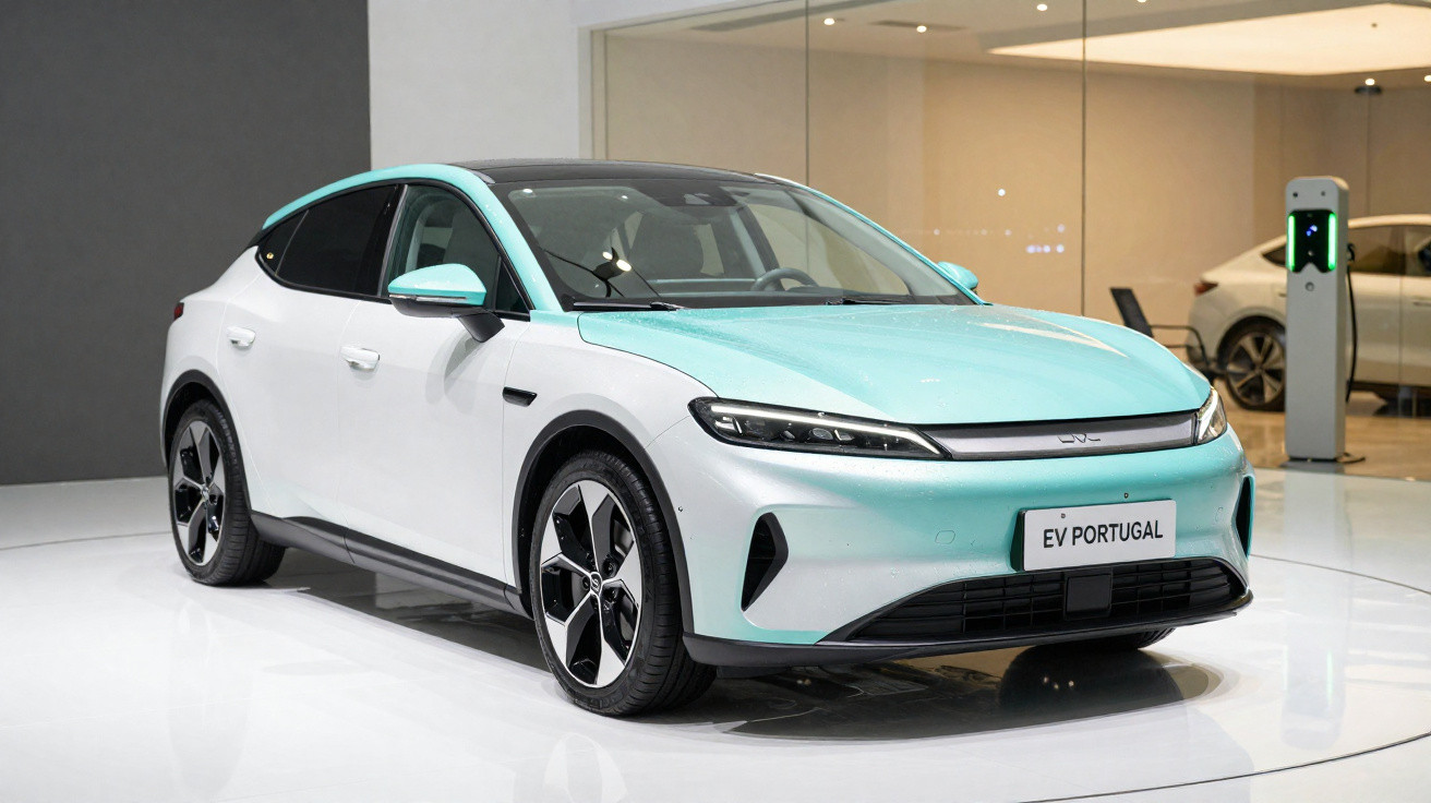 Carro elétrico branco com capô verde água em exposição, carregando em estação ao fundo.
