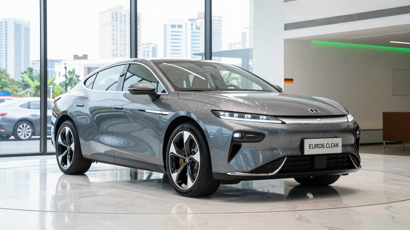 Carro elétrico cinza estacionado em showroom moderno com piso branco e janelas grandes ao fundo.