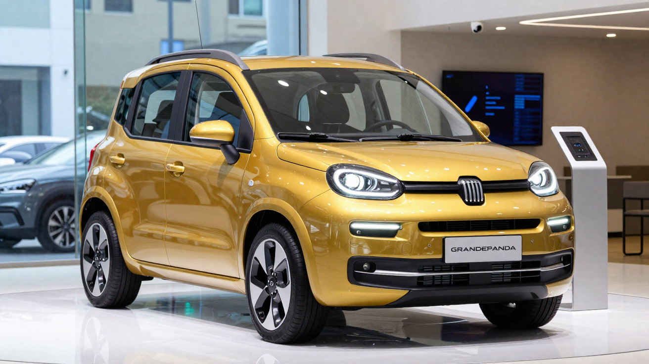 Carro compacto Fiat GrandePanda amarelo exposto em showroom moderno com piso branco.