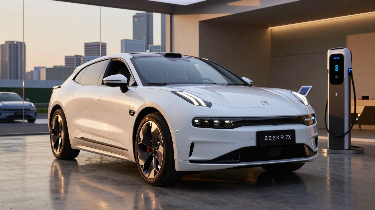 Carro elétrico branco modelo Zeekr 7X estacionado em área moderna com poste de carregamento energético.