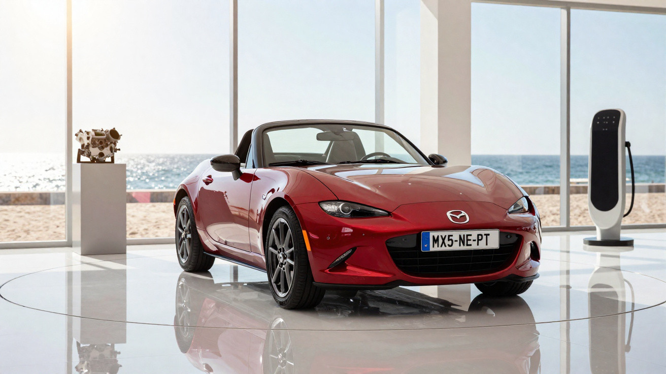 Carro esportivo conversível vermelho Mazda MX-5 exposto em showroom com vista para o mar ao fundo.