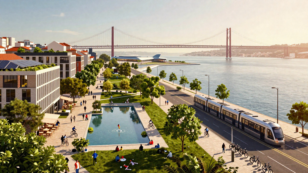 Parque urbano com lago, pessoas caminhando, área verde, ciclistas, bonde e ponte sobre o rio ao fundo.