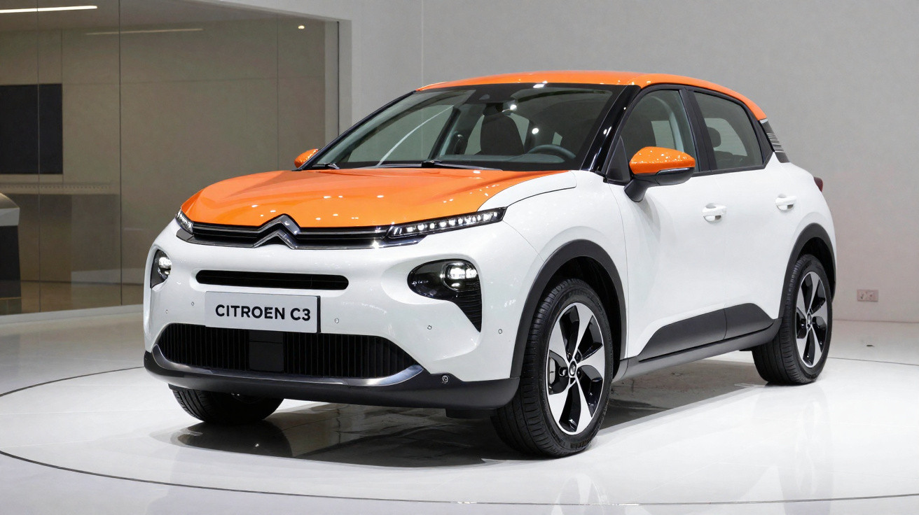 Carro Citroën C3 branco com teto e detalhes na cor laranja, exibido em exposição interna.