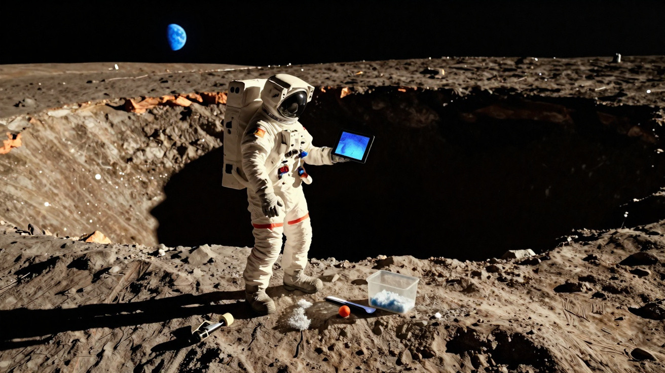 Astronauta com tablet próximo a crateras na superfície lunar com a Terra visível ao fundo.