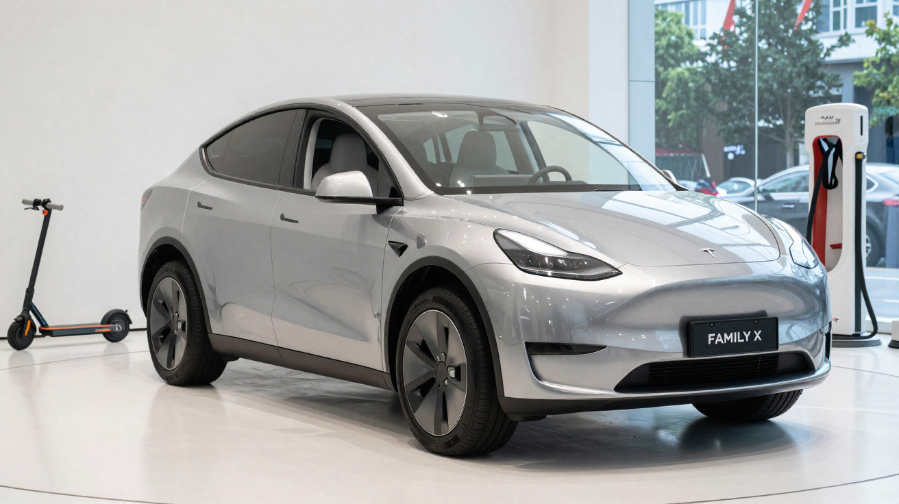 Carro elétrico Tesla Family X prata em exibição ao lado de patinete elétrico e estação de recarga.