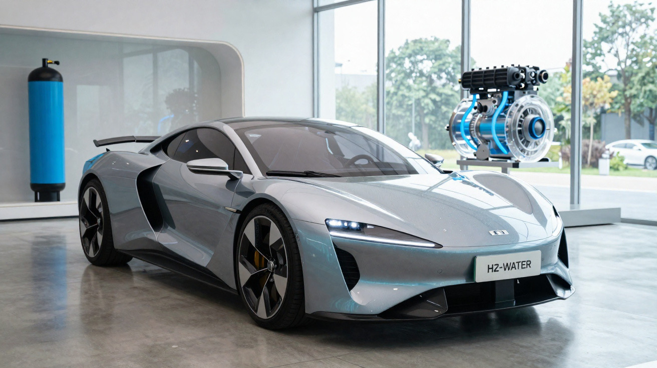 Carro esportivo cinza prateado em exposição interna com motor e cilindro ao fundo em ambiente moderno.