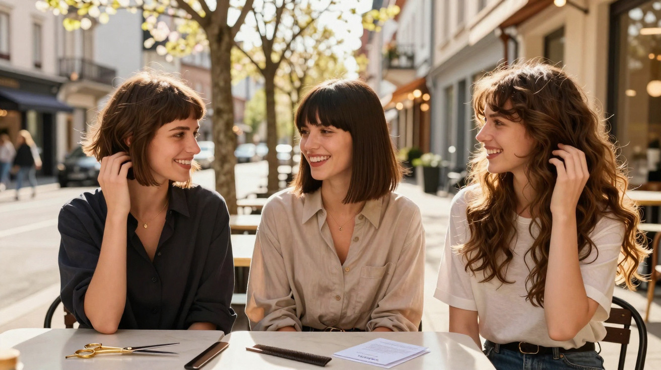 Três mulheres sorrindo e conversando sentadas em uma mesa ao ar livre em dia ensolarado.