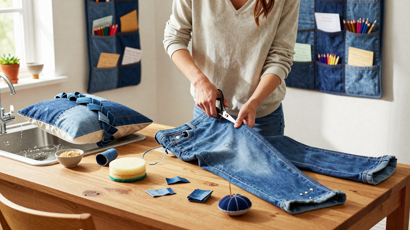 Pessoa cortando calça jeans na mesa de madeira para customizar com tecido e alfinetes.