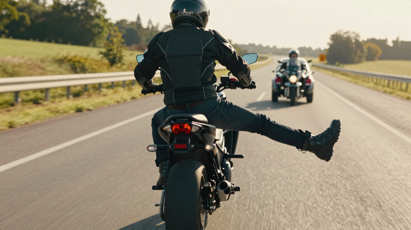 Motociclista com jaqueta preta estica a perna direita enquanto anda em estrada movimentada.