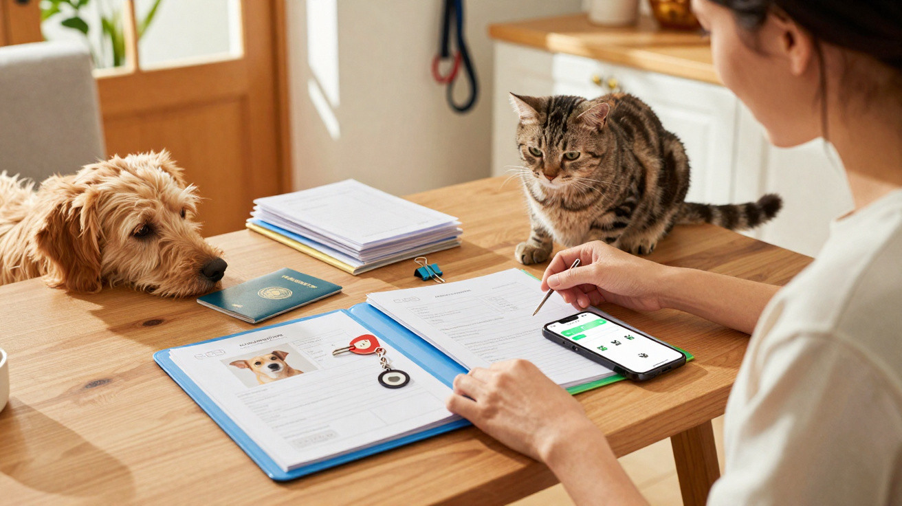 Pessoa preenchendo formulário de adoção com gato e cachorro atentos sobre a mesa.