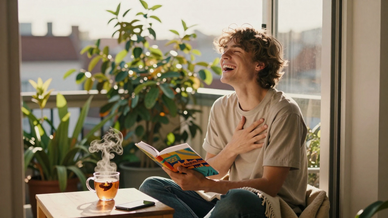 Jovem sorrindo e lendo livro em varanda com plantas, ao lado de chá quente e celular sobre mesa.