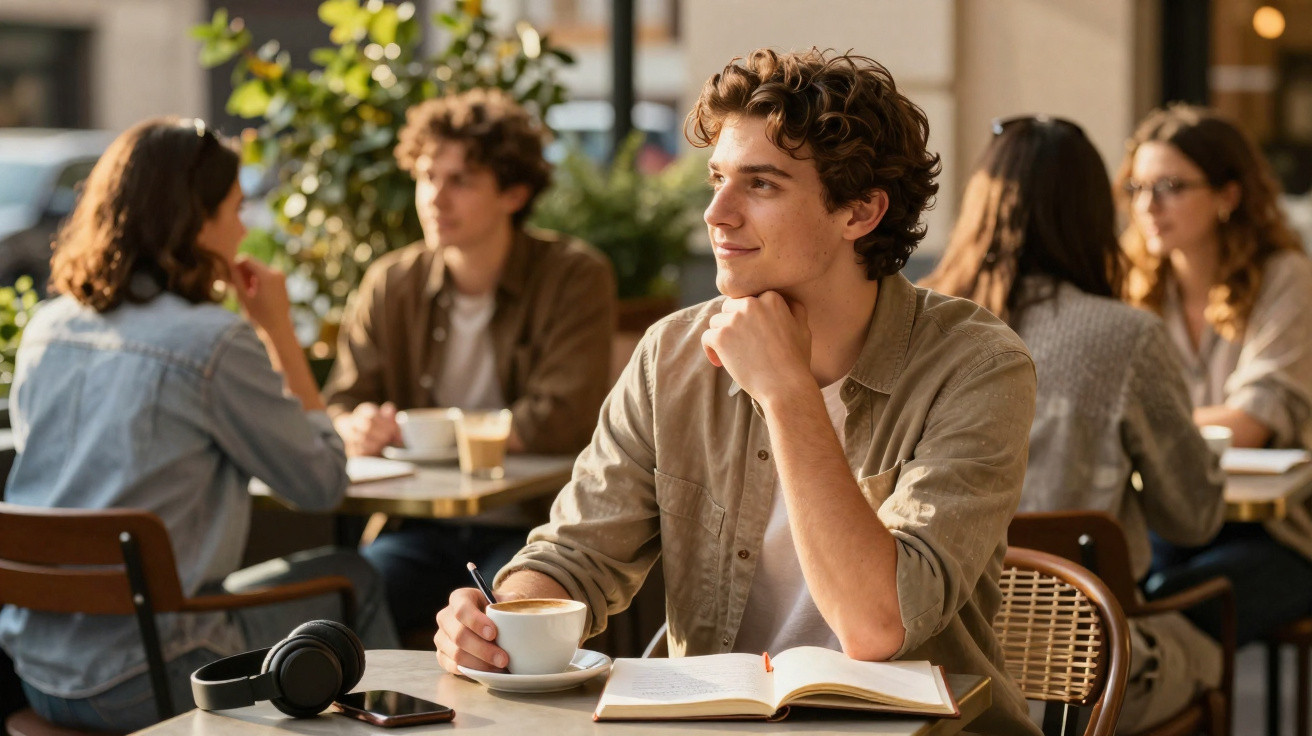 Jovem sentado em cafeteria com livro aberto e café, olhando pensativo para o lado, outras pessoas ao fundo.