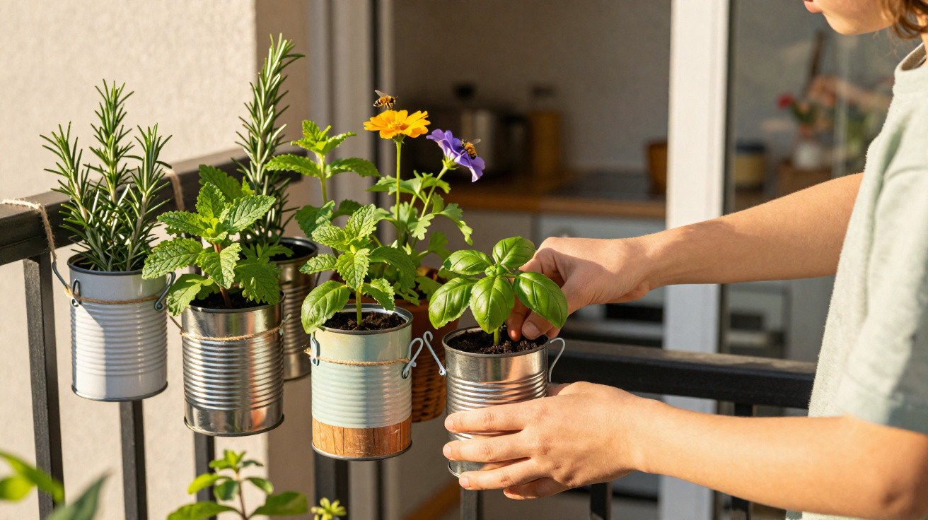 Pessoa cuidando de plantas em vasos metálicos pendurados em parapeito de sacada ensolarada.